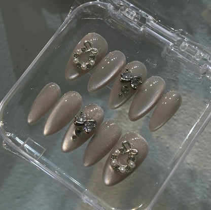 Pink Cat Eye Press On Nails Holiday Theme With Charms - Handmade Soft Gel Nails - Engagement Brial Wedding - Custom Size Set - PN251103