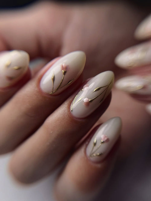 Milk Bath Floral Press On Nails - Minimalist Gold Line Art - Creamy White Spring Flower - Wedding Bridesmaid - Custom Size Set - PN251229