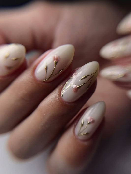 Milk Bath Floral Press On Nails - Minimalist Gold Line Art - Creamy White Spring Flower - Wedding Bridesmaid - Custom Size Set - PN251229