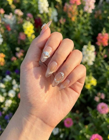 Champagne Gold Textured Press On Nails - 3D Sculpted Gold Nails with Crystals - Luxury Gel Nails - Bridal Nude Nails - Custom Size Set - PN251123