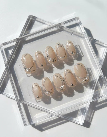 Nude Silver Line Press On Nails with Pearls - Luxury Brial Wedding Nude Nail - Minimalist Elegant Press Ons - Handmade Reusable Custom Size