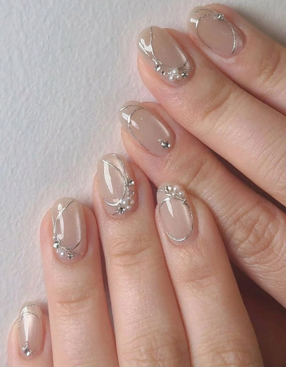 Nude Silver Line Press On Nails with Pearls - Luxury Brial Wedding Nude Nail - Minimalist Elegant Press Ons - Handmade Reusable Custom Size