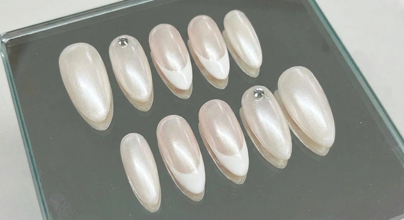 Pearl French Tip Wedding, Engagement Press On Nails - White on White Nails with Crystal Accent - Elegant Soft Gel - Custom Size Set - PN251125