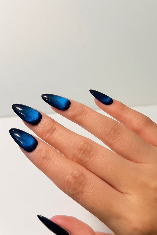 Blue Cat Eye Press On Nails - Midnight Navy Nails - Glossy Dark Blue - Clean Girl Old Money Nails - Party Night Out - Handmade Magnetic Nail Set - Custom Size Set - PN251128