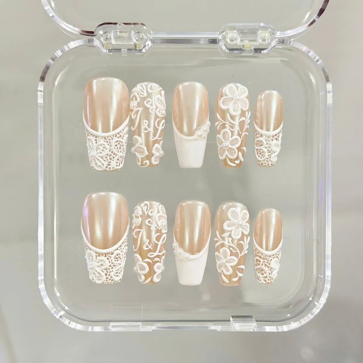 Rich Wife Nail, Custom Monogram Bridal Press on Nails, 3D Floral Lace Wedding Nails, Pearl White Glazed French Luxury Reusable Nails - BR260501