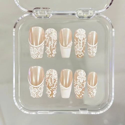 Rich Wife Nail, Custom Monogram Bridal Press on Nails, 3D Floral Lace Wedding Nails, Pearl White Glazed French Luxury Reusable Nails - BR260501