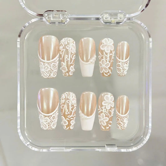 Rich Wife Nail, Custom Monogram Bridal Press on Nails, 3D Floral Lace Wedding Nails, Pearl White Glazed French Luxury Reusable Nails - BR260501