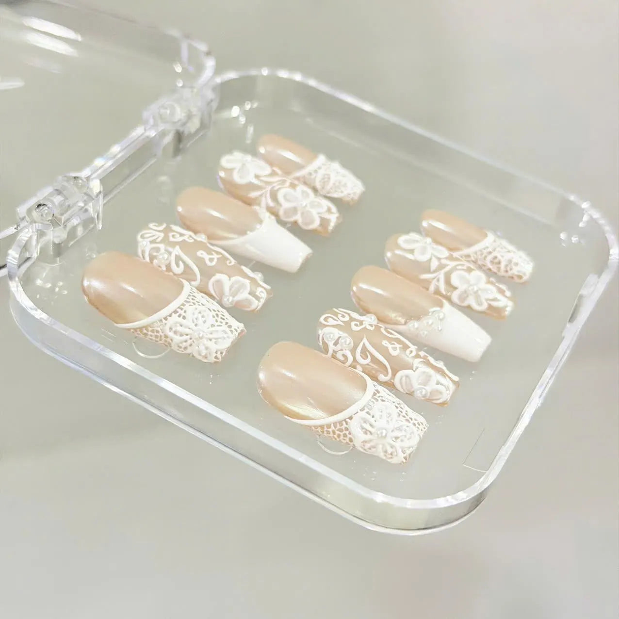 Rich Wife Nail, Custom Monogram Bridal Press on Nails, 3D Floral Lace Wedding Nails, Pearl White Glazed French Luxury Reusable Nails - BR260501