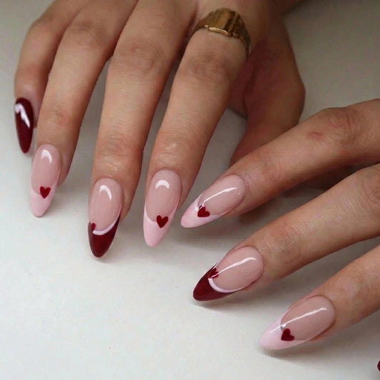 Red and Pink French Tip Press On Nails - Tiny Micro Heart Accent - Double French Line Art - Valentine Date Night - Custom Size Set - PN251233