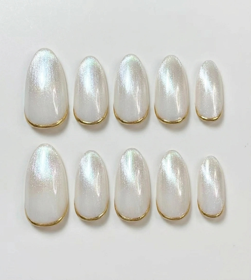 Pearl White Glazed Press On Nails - Gold Chrome Micro French Tip - Minimalist Clean Girl Wedding, Classic Brial  - Custom Size Set - PN251130