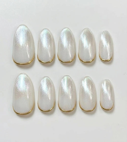 Pearl White Glazed Press On Nails - Gold Chrome Micro French Tip - Minimalist Clean Girl Wedding, Classic Brial  - Custom Size Set - PN251130