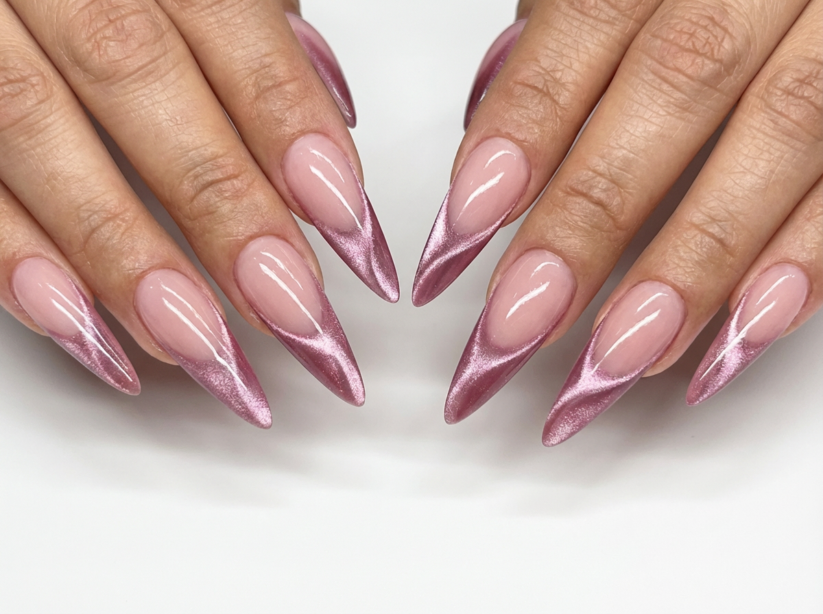 Rose Pink Velvet Cat Eye Press On Nails, Metallic Metallic French Tip, Shimmer Pink Custom Manicure, Mauve Glam Soft Gel Reusable Nail, Gift - PN251339