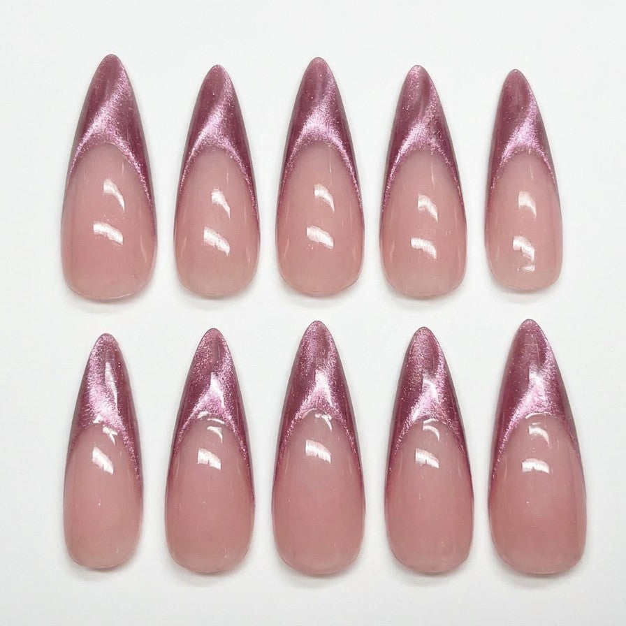Rose Pink Velvet Cat Eye Press On Nails, Metallic Metallic French Tip, Shimmer Pink Custom Manicure, Mauve Glam Soft Gel Reusable Nail, Gift - PN251339