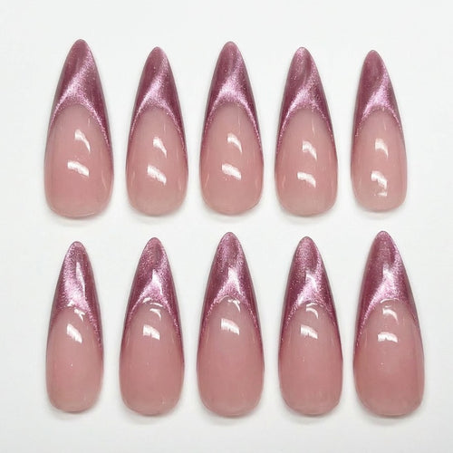 Rose Pink Velvet Cat Eye Press On Nails, Metallic Metallic French Tip, Shimmer Pink Custom Manicure, Mauve Glam Soft Gel Reusable Nail, Gift - PN251339