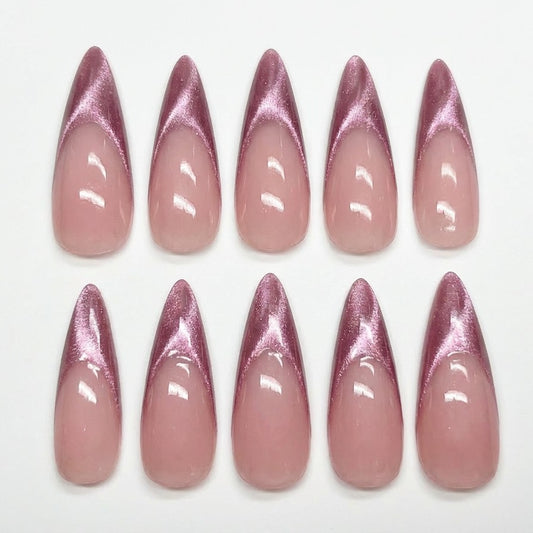 Rose Pink Velvet Cat Eye Press On Nails, Metallic Metallic French Tip, Shimmer Pink Custom Manicure, Mauve Glam Soft Gel Reusable Nail, Gift - PN251339