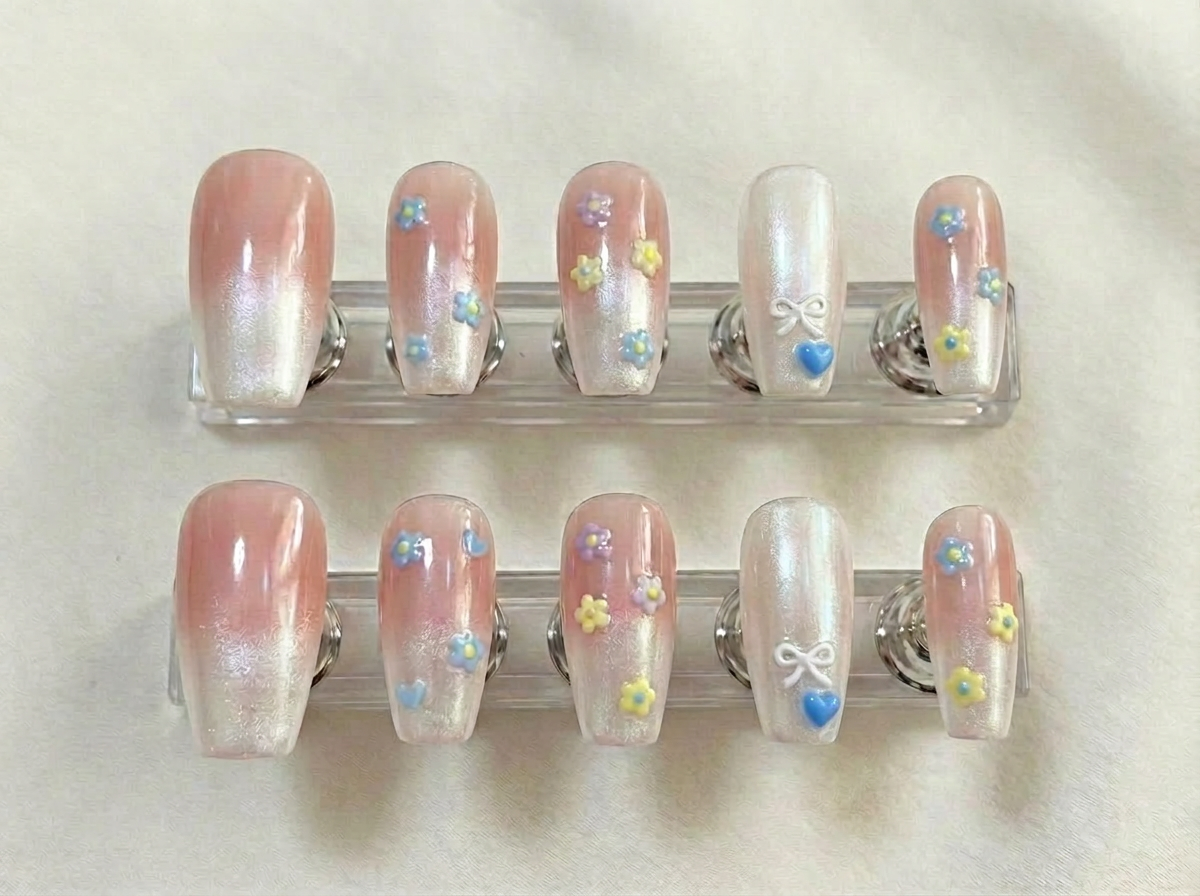 Pastel Floral Ombre Press On Nails, 3D Flower Blue Heart Bow Set, Glazed Chrome Coquette Reusable Soft Gel False Nails, Custom Size, Gift - PN251303