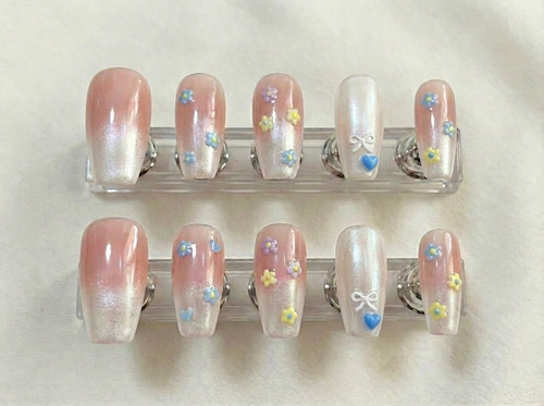 Pastel Floral Ombre Press On Nails, 3D Flower Blue Heart Bow Set, Glazed Chrome Coquette Reusable Soft Gel False Nails, Custom Size, Gift - PN251303