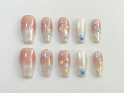 Pastel Floral Ombre Press On Nails, 3D Flower Blue Heart Bow Set, Glazed Chrome Coquette Reusable Soft Gel False Nails, Custom Size, Gift - PN251303