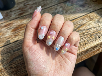 Pastel Floral Ombre Press On Nails, 3D Flower Blue Heart Bow Set, Glazed Chrome Coquette Reusable Soft Gel False Nails, Custom Size, Gift - PN251303