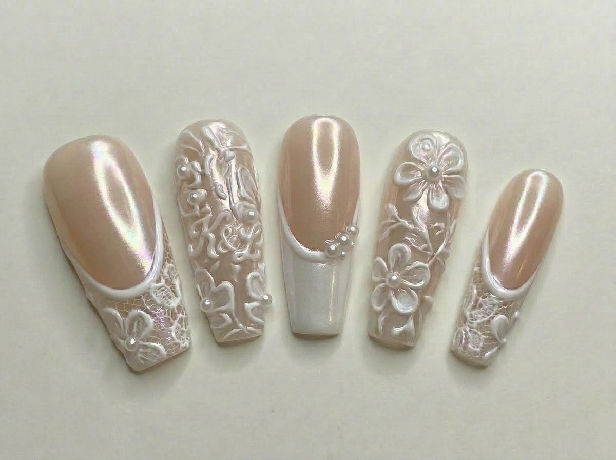 Rich Wife Nail, Custom Monogram Bridal Press on Nails, 3D Floral Lace Wedding Nails, Pearl White Glazed French Luxury Reusable Nails - BR260501