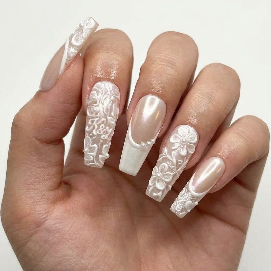 Rich Wife Nail, Custom Monogram Bridal Press on Nails, 3D Floral Lace Wedding Nails, Pearl White Glazed French Luxury Reusable Nails - BR260501