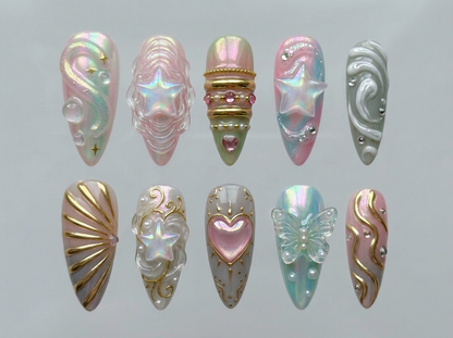 Y2K Aurora Star Press on Nails, 3D Iridescent Butterfly Heart Set, Pastel Chrome Celestial Reusable Soft Gel False Nails, Gift For Her - CT260903