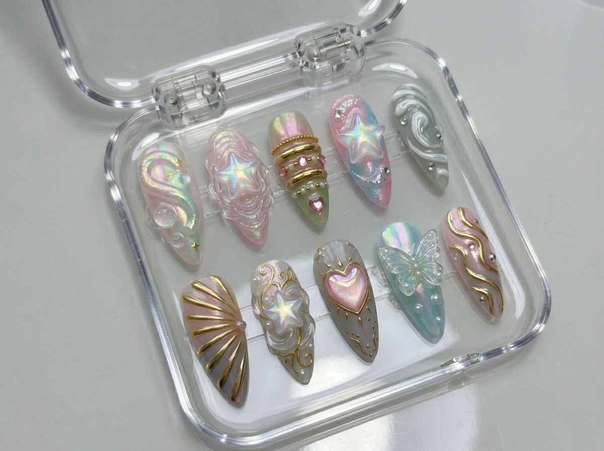 Y2K Aurora Star Press on Nails, 3D Iridescent Butterfly Heart Set, Pastel Chrome Celestial Reusable Soft Gel False Nails, Gift For Her - CT260903