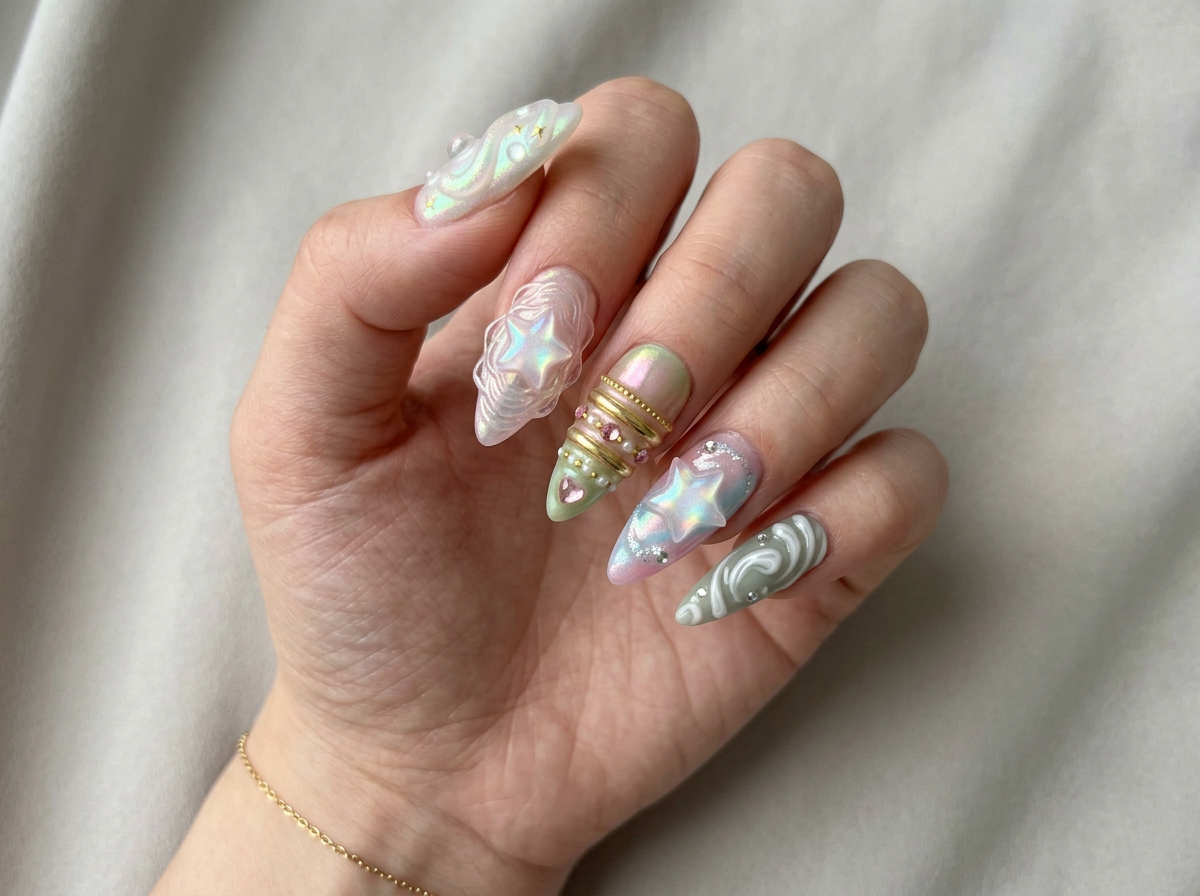 Y2K Aurora Star Press on Nails, 3D Iridescent Butterfly Heart Set, Pastel Chrome Celestial Reusable Soft Gel False Nails, Gift For Her - CT260903