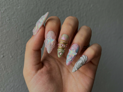 Y2K Aurora Star Press on Nails, 3D Iridescent Butterfly Heart Set, Pastel Chrome Celestial Reusable Soft Gel False Nails, Gift For Her - CT260903