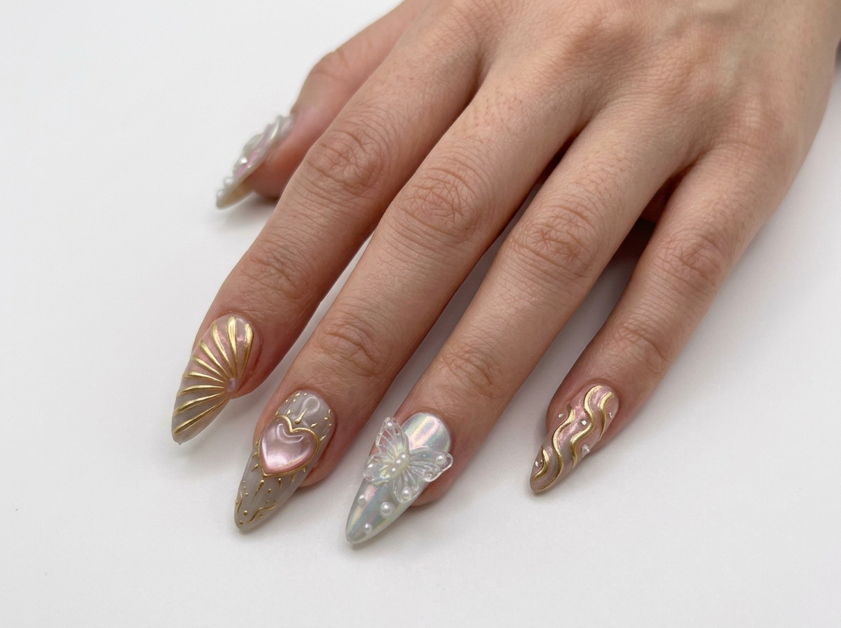 Y2K Aurora Star Press on Nails, 3D Iridescent Butterfly Heart Set, Pastel Chrome Celestial Reusable Soft Gel False Nails, Gift For Her - CT260903