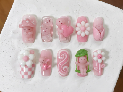 Cute Smiski Character Press on Nails, 3D Pink Mushroom Flower Swing Set, Kawaii Jelly Gel Reusable Custom Size Coffin Nails, Gift For Her - CT260904
