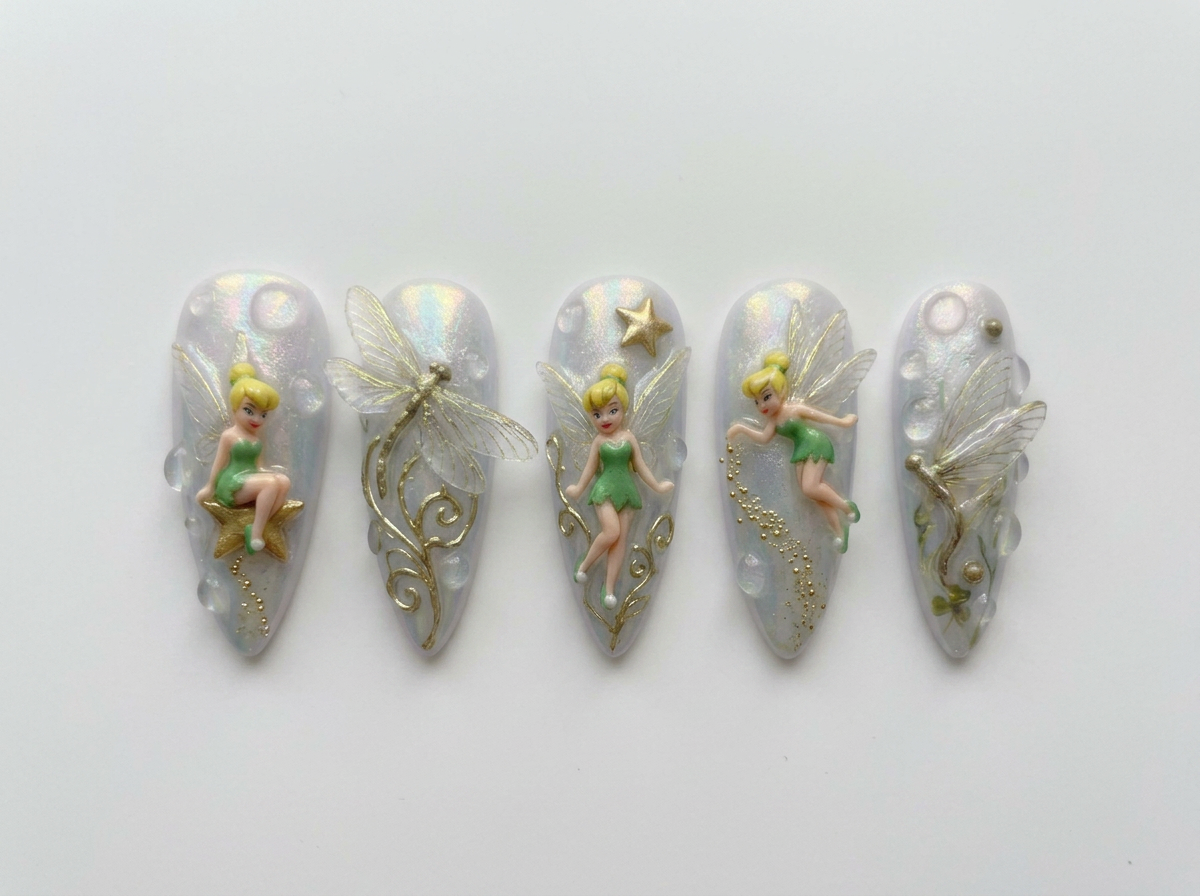 Tinkerbell Fairy Press on Nails, 3D Dragonfly Glazed Opal Wedding Set, Gold Pixie Dust Fantasy Reusable Soft Gel False Nails, Gift For Her - CT260902