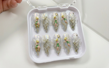 Tinkerbell Fairy Press on Nails, 3D Dragonfly Glazed Opal Wedding Set, Gold Pixie Dust Fantasy Reusable Soft Gel False Nails, Gift For Her - CT260902