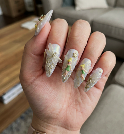 Tinkerbell Fairy Press on Nails, 3D Dragonfly Glazed Opal Wedding Set, Gold Pixie Dust Fantasy Reusable Soft Gel False Nails, Gift For Her - CT260902