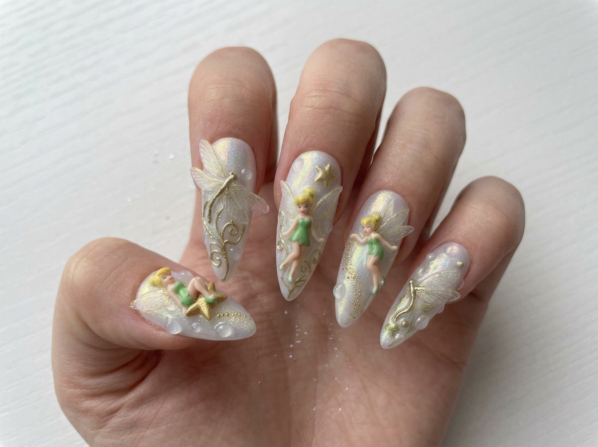 Tinkerbell Fairy Press on Nails, 3D Dragonfly Glazed Opal Wedding Set, Gold Pixie Dust Fantasy Reusable Soft Gel False Nails, Gift For Her - CT260902