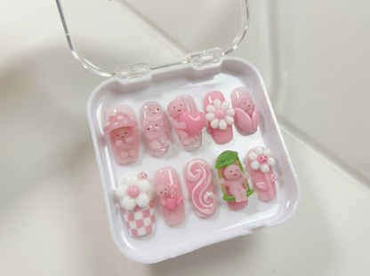 Cute Smiski Character Press on Nails, 3D Pink Mushroom Flower Swing Set, Kawaii Jelly Gel Reusable Custom Size Coffin Nails, Gift For Her - CT260904