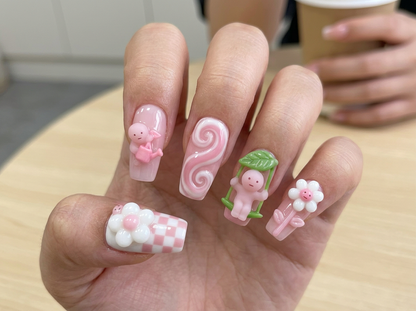 Cute Smiski Character Press on Nails, 3D Pink Mushroom Flower Swing Set, Kawaii Jelly Gel Reusable Custom Size Coffin Nails, Gift For Her - CT260904