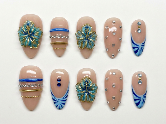 Blue 3D Flower Press On Nails, Gold Hibiscus Nails, Luxury Rhinestone Crystal Glue On Nails, Resort Vacation Custom Manicure, Gift For Her - CT260901