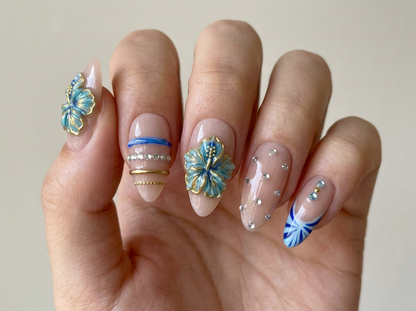 Blue 3D Flower Press On Nails, Gold Hibiscus Nails, Luxury Rhinestone Crystal Glue On Nails, Resort Vacation Custom Manicure, Gift For Her - CT260901