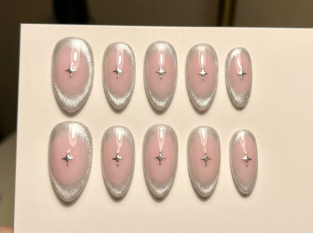 Pink Blush Cat Eye Press On Nails - Silver Velvet Halo Outline - Y2K Star Art - Korean Soft Girl - Cool Girl - Custom Size Set - PN251124