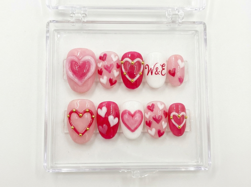 Pink Red Heart Nails, Custom Initials, 3D Jelly Heart, Gold Studs, Mix Match Art, Short Round, Lovecore Aesthetic, Cute Valentine Gift - PN251270