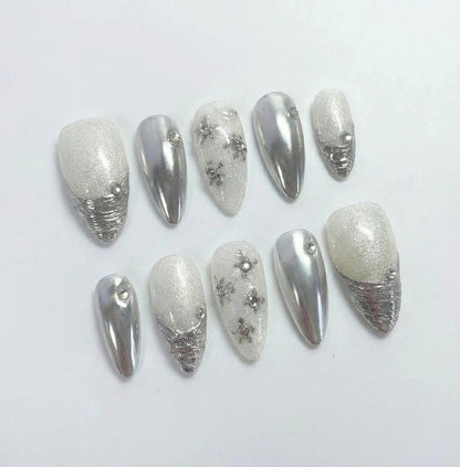 Silver Chrome Press On Nails - Y2K Star Charm 3D - Textured Molten Metal - Cyber Grunge Aesthetic - Edgy Futuristic Gel Manicure - Custom Size Set - PN251116