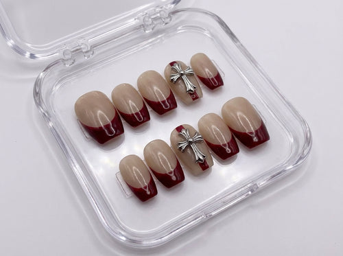 Wine Red French Nails, Silver Chrome Cross, Gothic Y2K Charm, Medium Square, Edgy Dark Feminine, Cool Press On, Custom Handmade Size - PN251262