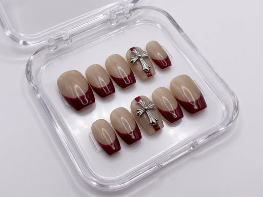 Wine Red French Nails, Silver Chrome Cross, Gothic Y2K Charm, Medium Square, Edgy Dark Feminine, Cool Press On, Custom Handmade Size - PN251262