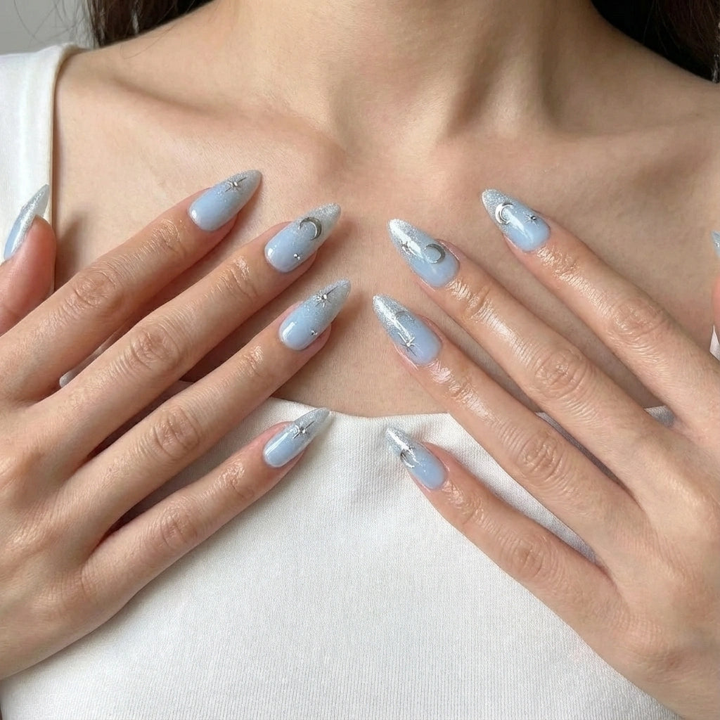 Baby Blue Celestial Press On Nails - Silver Glitter Ombre - Moon & Star Charm - Y2K Fairycore Gel Manicure - Custom Size Set - PN251158