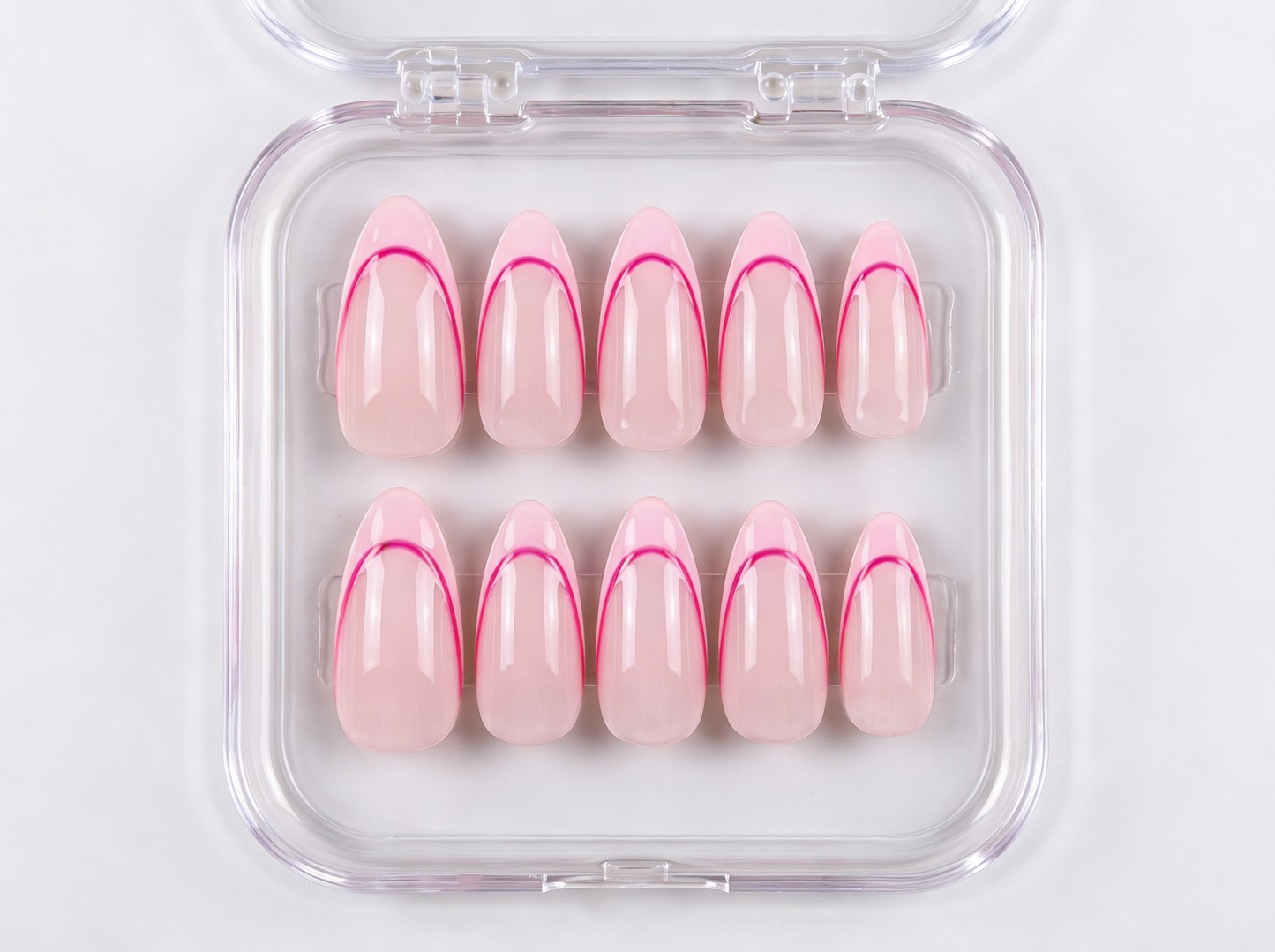 Pink Double French Tip Press On Nails, Hot Pink Outline Almond Nails, Reusable Glue On Nails, Pastel Pink Summer Manicure, Custom Fake Nails - PN251294