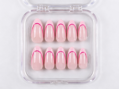 Pink Double French Tip Press On Nails, Hot Pink Outline Almond Nails, Reusable Glue On Nails, Pastel Pink Summer Manicure, Custom Fake Nails - PN251294