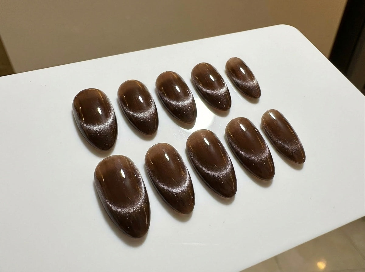 Bronze Cat Eye Silver Chrome French Tip Press On Nails - White Star Rhinestone - Brown Velvet Magnetic - Custom Size Set - PN251208