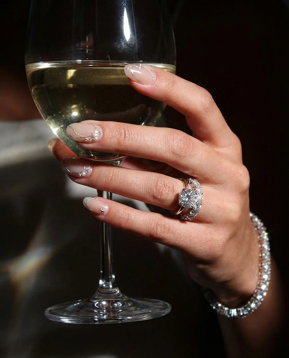 Nude Silver Line Press On Nails with Pearls - Luxury Brial Wedding Nude Nail - Minimalist Elegant Press Ons - Handmade Reusable Custom Size