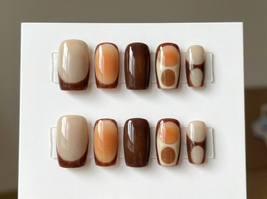 Brown Retro Aura Press On Nails - Coffee Latte Art - 70s Geometric Mod - Chocolate Valentine - Warm Neutral - Custom Size Set - PN251235